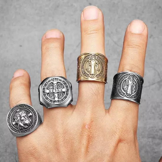 Catholic Saint Benedict Exorcism Amulet Men Rings Stainless Steel Size 7-13