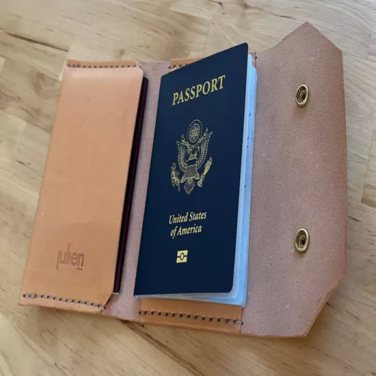 Handmade Passport Wallet, Cover - Smooth Natural Cow Leather - Snap Closing