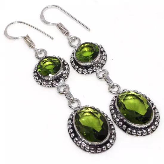 925 Silver Plated-Peridot Ethnic Long Earrings Gemstone Handmade Jewelry 2.5" GW