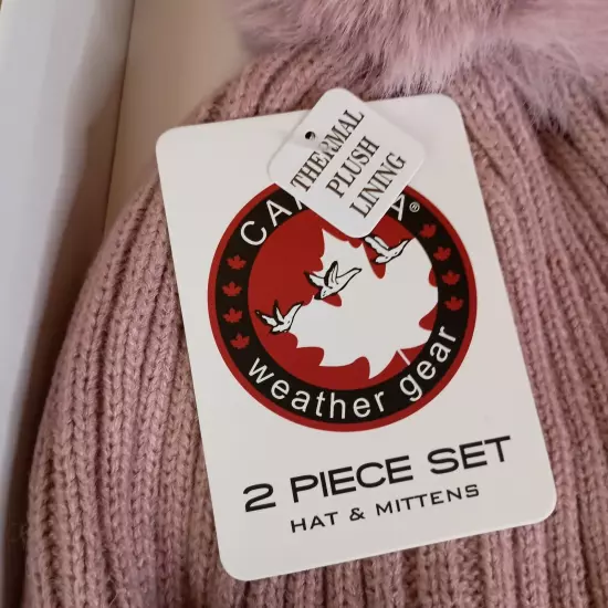 Canada Weather Gear Hat and Mittens Logo Pink Thermal Plush Lined Set NIB Winter