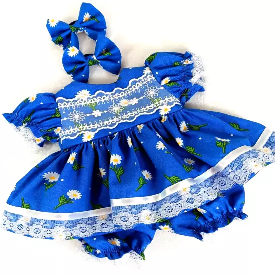 Cabbage Patch 16" Doll Daisies on Royal Blue Dress Matching Bloomers 2 Hair Bows