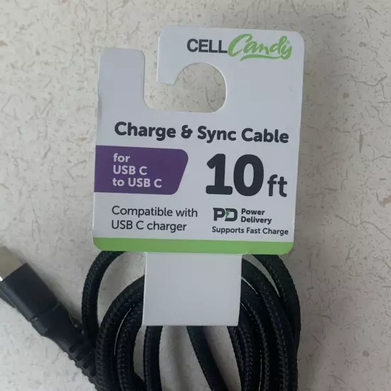 NEW CELL CANDY 10 Ft. Cable Charge And Sync USB to C Power Smartphone Fast Black