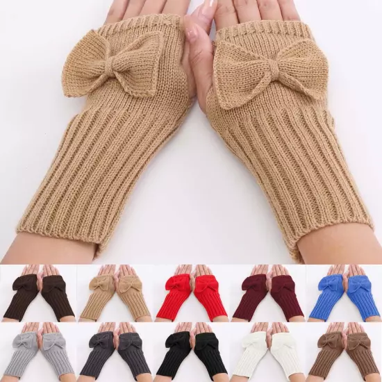 Short Bow Fingerless Gloves Autumn Winter Women's Solid Wrist Knitted Wool Glove