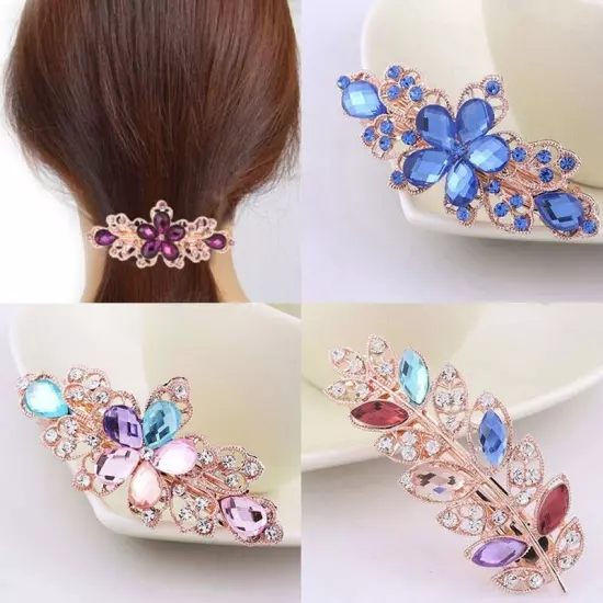 Women's Crystal Rhinestone Flower Hair Barrette Clips Grips Hairpin Jewelry