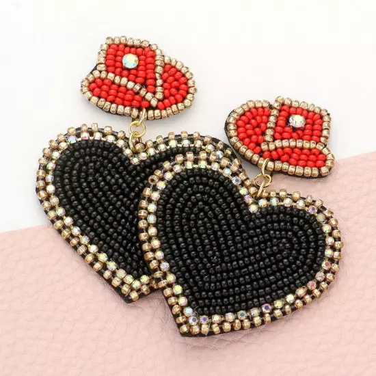 Black Felt Back Beaded Hat Heart Link Dangle Earrings