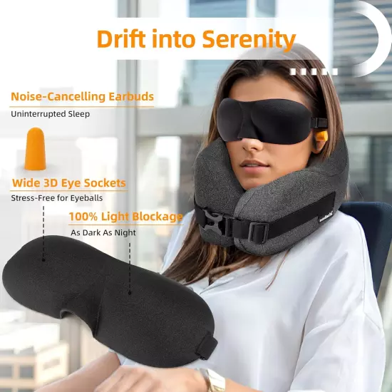 Neck Pillow Airplane Travel Set - Pure Memory Foam Travel Neck Pillow, Plane Pil