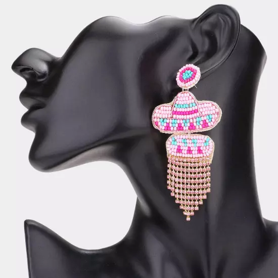 Pink Felt Back Seed Beaded Hat Rhinestone Fringe Dangle Earrings