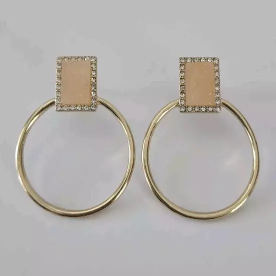 Sugarfix by BaubleBar Gold Tone Peach Druzy Hoop Drop Post Earrings Bling 