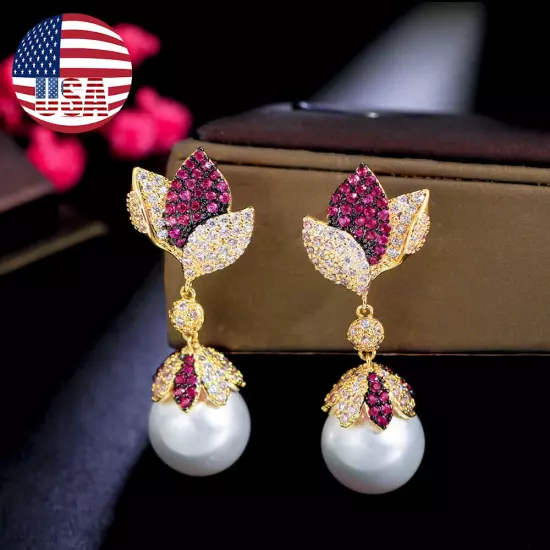 Multi-Tone Gold Plated Red CZ Long Leaf Dangle Drop Pearl Wedding Party Earrings