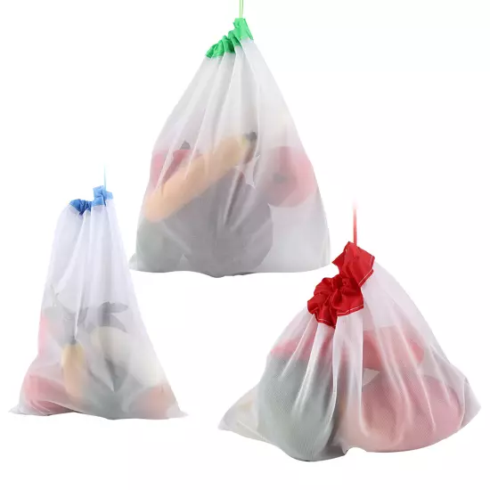 12Pcs Reusable Drawstring Mesh Bags Fruit Vegetable Sacks Storage Shopping