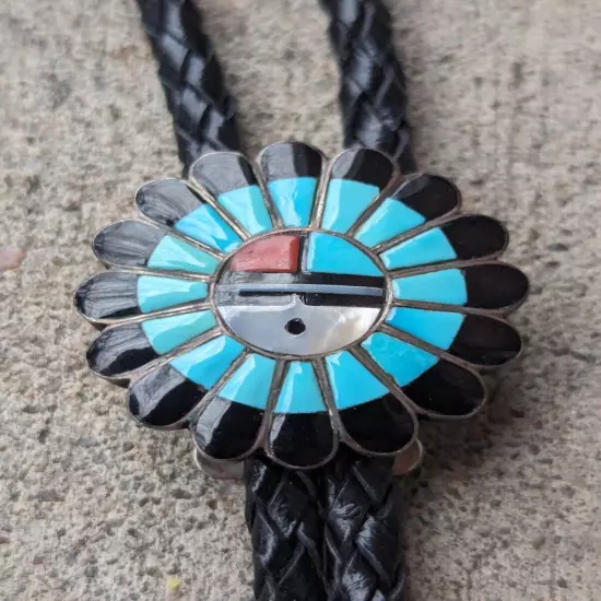 Vintage Sterling Zuni Inlay Kachina Sun Face Bolo Tie Turquoise Onyx Inlay G4