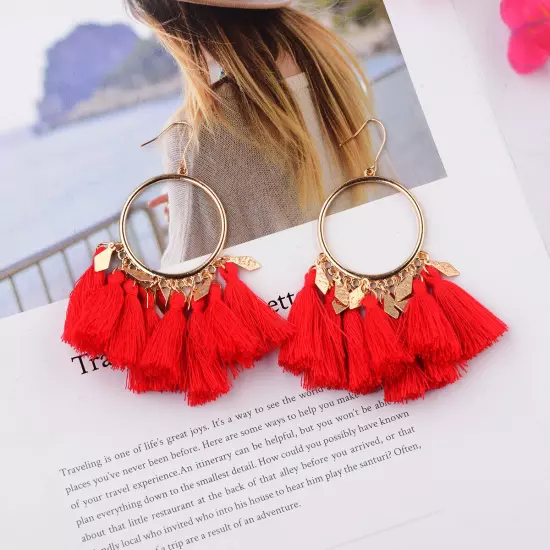 Fashion Women Bohemian Earrings Long Tassel Fringe Drop Dangle Ear Stud Jewelry