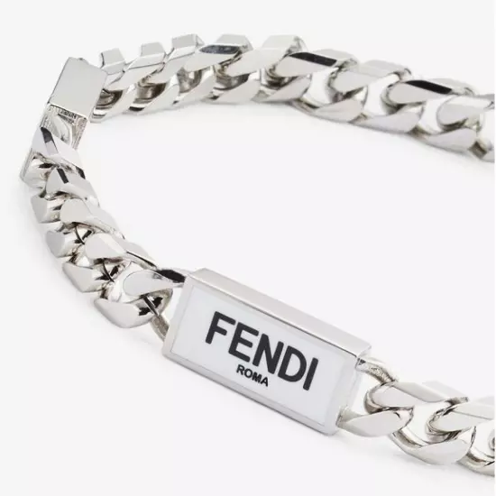 FENDI Roma Baguette white enameled logo silver tone metal bracelet Medium Italy