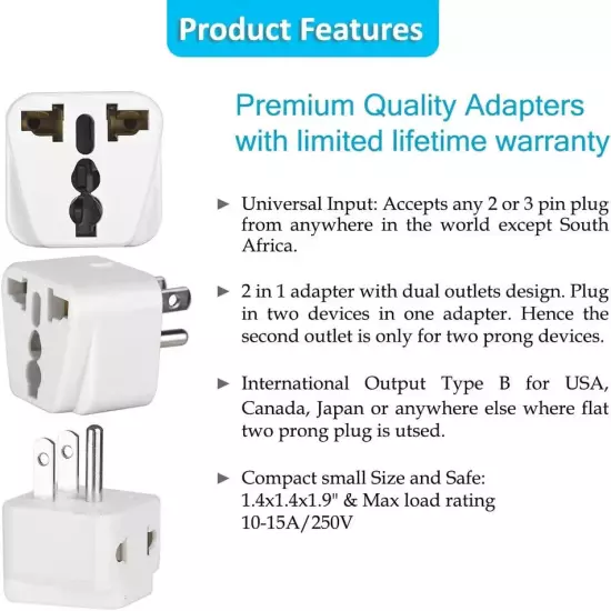 UK to US Travel Adapter, India to US Plug Adapter, Unidapt Adapters for USA, 2-P