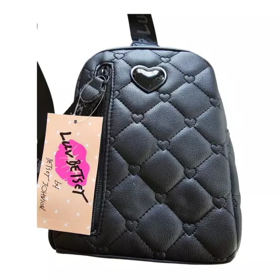  Betsey Johnson Sling Crossbody Bag Womens Black Heart Quilted Logo