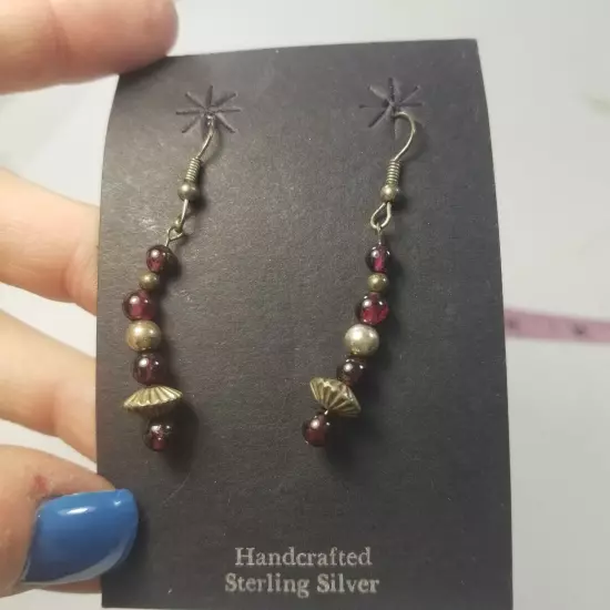 Dark Amber (Faux) Beads Stering Silver Dangle Earrings