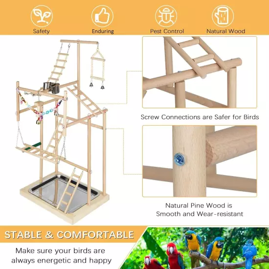 Pet Parrot Playstand Bird Playground Wood Perch Gym 4-Layer Playpen