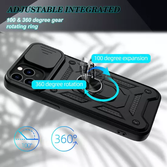 For iPhone 16 15 14 13 12 11 Hybrid Shockproof Case Camera Lens Cover Ring Stand