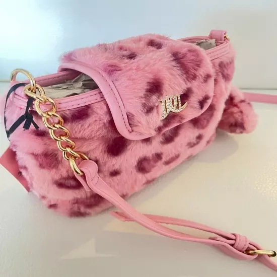 NWT JUICY COUTURE LIVE LAUGH CROSSBODY BAG PINK LEOPARD FAUX FUR