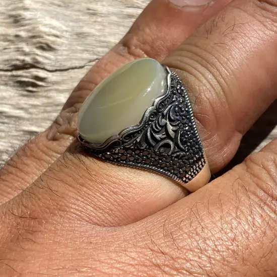 925 Sterling Silver men ring natural strong energy agate aqeeq akik silver ring