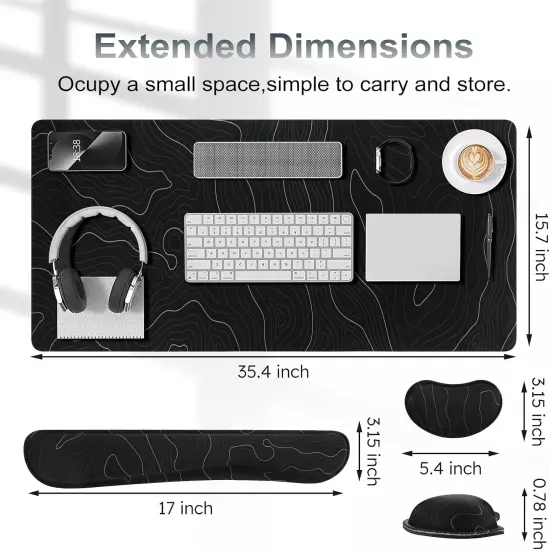 Black Topographic Mouse Pad with Wrist Rest, Keyboard Wrist Rest, Extended Gamin