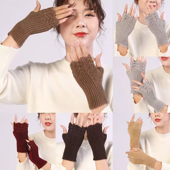 Womens Fingerless Gloves Wool Knitted Mittens Wrist Half Finger Short Gloves