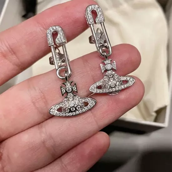 Vivienne Westwood Silver Tone Crystal Saturn Earrings Women Gift w/ Original Box