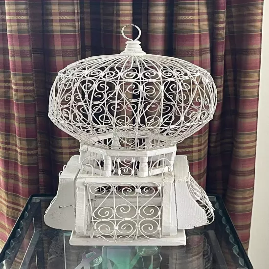 Victorian White Wood & Wire Dome 4 Sided Bird Cage 16" Tall