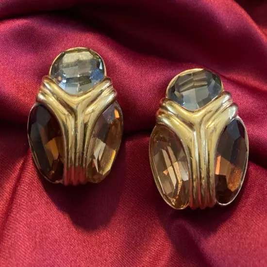 CINER EARRINGS Smoky Amber Crystal Runway Statement Clip 1980s 24K Gold Plated