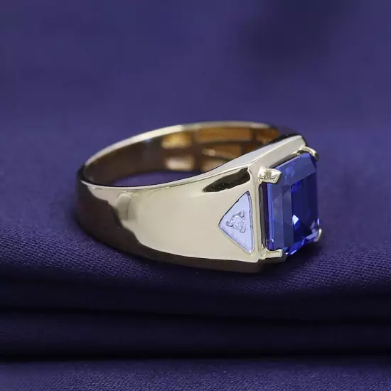 14K Gold Plated Simulated Blue Sapphire Diamond Accent Ring For Mens