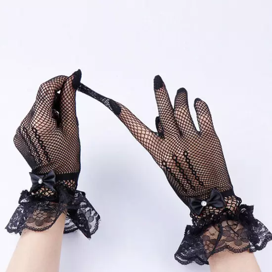 Women Summer UV-Proof Driving Mesh Fishnet Lace Mittens Full Finger Gloves