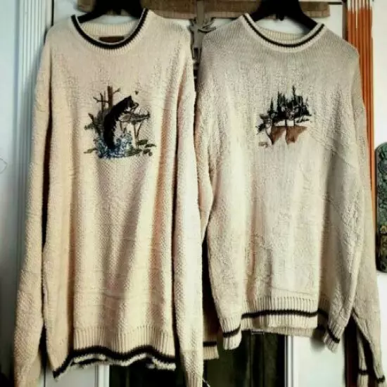 FREE SHIPPING! FISH or DEER APPLIQUE COZY IVORY SWEATERS! XL & XLT 