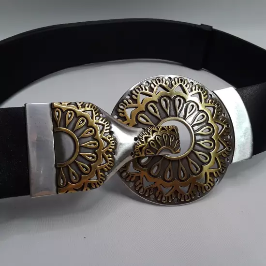 Chicos Womens Black Leather Belt Silver Gold Sun dial Adjustable