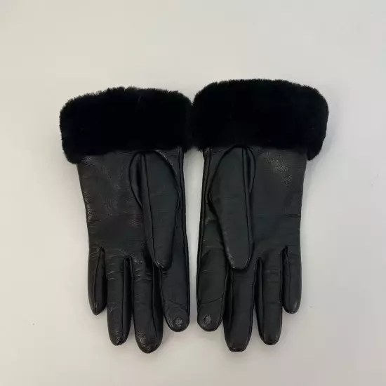 UGG Touchscreen Black Leather Gloves w/ Genuine Shearling Trim Size S