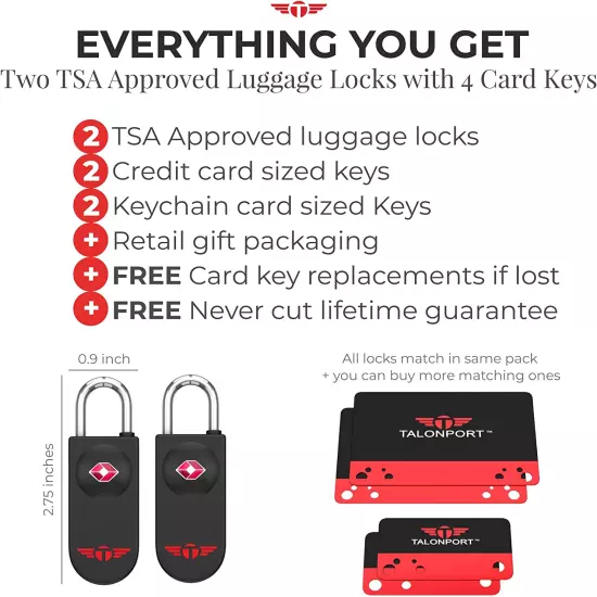 Keyless TSA Approved Luggage Locks with Card Keys & No Combo to Forget (2 Pack)