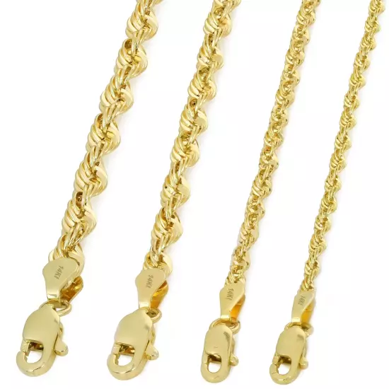 14K Yellow Gold 1mm-4mm Laser Diamond Cut Rope Chain Necklace Men Women 16"- 30"