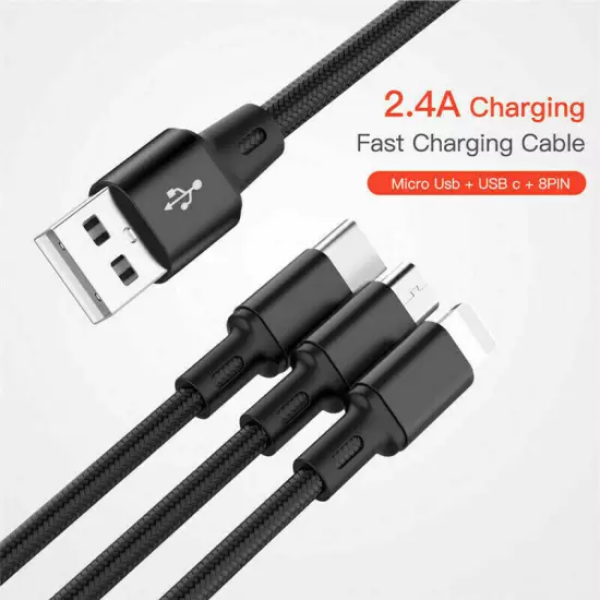 3 in 1 Fast USB Charging Cable Universal Multi Function Cell Phone Charger Cord