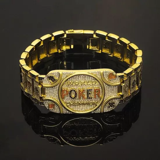 Wold Poker Champion Bracelet Brass Iced 8.5" Simulated Diamond Gold Plated Bling