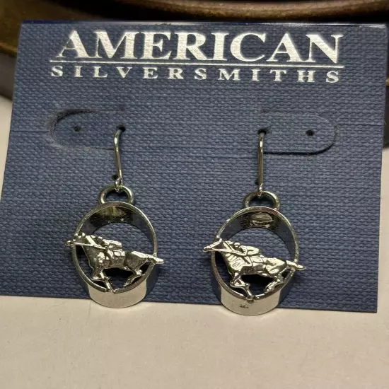 American Silversmiths Silver Tone Horse & Jockey Dangling Pierced Earrings