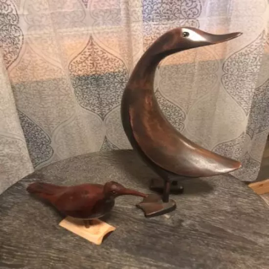 Vintage 1960 hand carved wood bird and a hand carved duck glass eyes