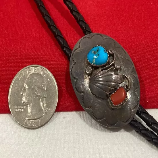 Vintage Sterling Silver 925 Bolo Tie With Turquoise & Coral Western Southwestern