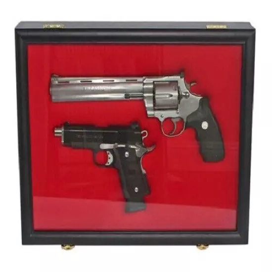 Gun Display Case Black Solid Wood Glass Cabinet 2 Handguns Pistol Revolver Locks