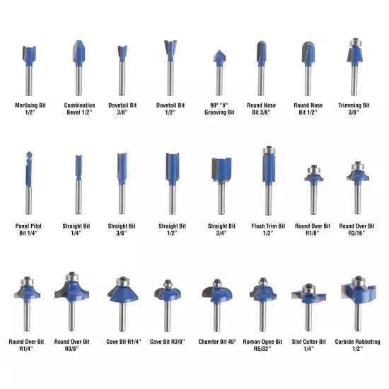 Router Bit Set, 24 Piece Kit With Shank And Wood Storage Case