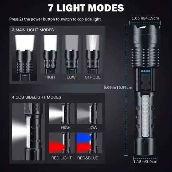 High Power White Laser LED Flashlight Built-in Battery USB Rechargeable Strong