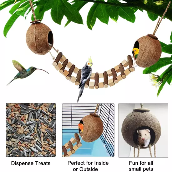 Coconut Bird Nest Hut with Ladder Hanging Birds Hide House Toy for Cage Natural 