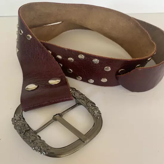 Women’s Genuine Leather Studded Belt Strap Silver Floral Buckle Size 28