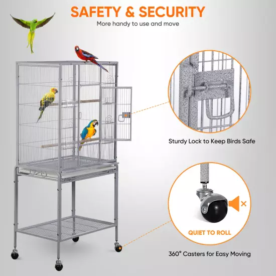 53" Parakeet Bird Cage Parrot Flight Cage Wrought Iron Rolling Stand White/Black