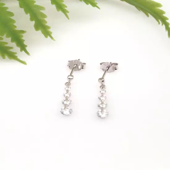 Dainty Graduated Cz Dangle Earrings 925 Sterling Silver Tiny 19mm x1.5/3.2mm