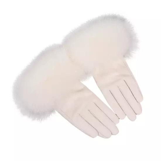 Women Genuine Lambskin Leather Gloves With Real Fox Fur Trim Cuff Winter Warm