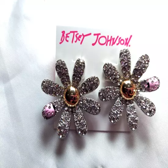 NWT Betsey Johnson Silver with Gemstones and Pink Ladybugs Earrings "Big"